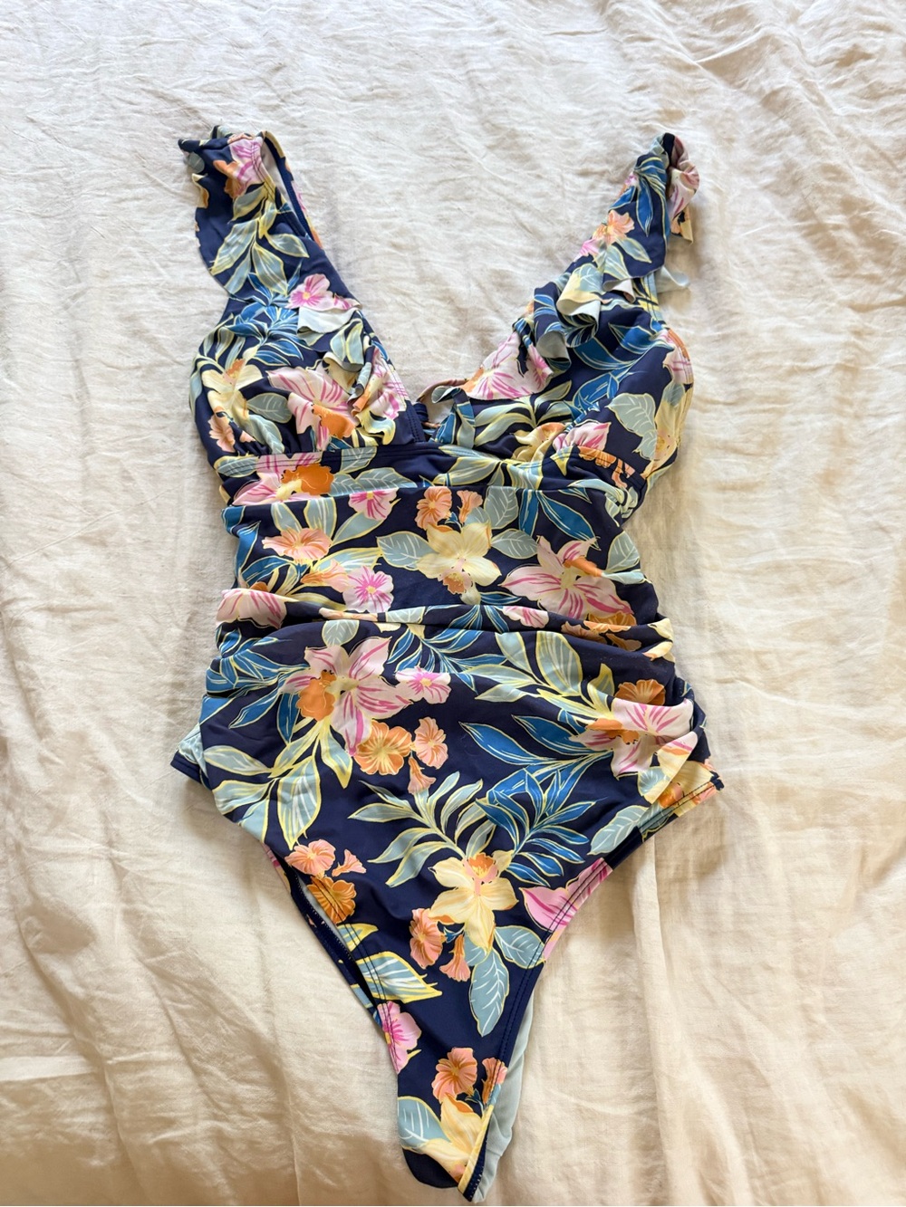 Cupshe Navy Floral Ruffle-Shoulder One-Piece Swimsuit